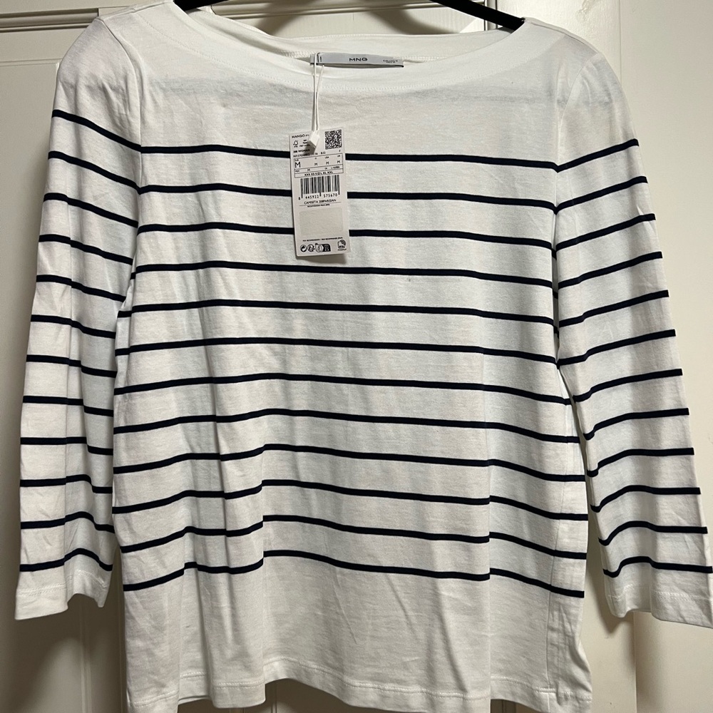 NWT Mango White and Blue 3/4 Sleeve Boxy Tee
